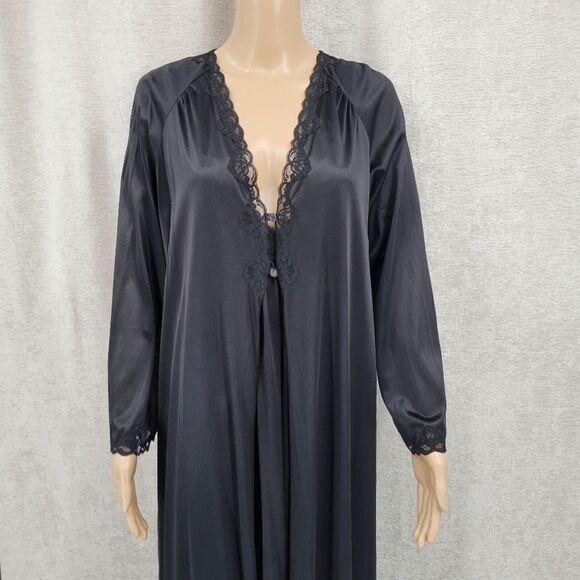 Lorraine Vintage Maxi Length Black Slip Dress Nightgown and Peignoir Robe Lace - Picture 11 of 16